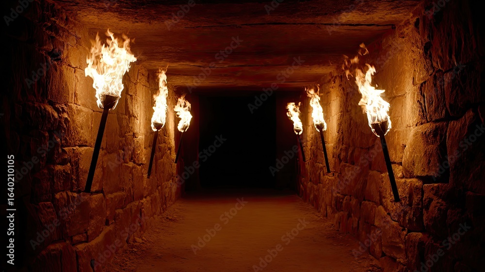 Obraz premium Dark tunnel lit by flaming torches