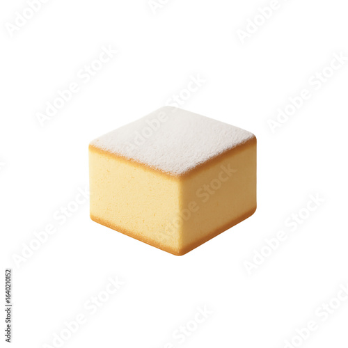Square sponge cake dusted with powdered sugar isolated on transparent background