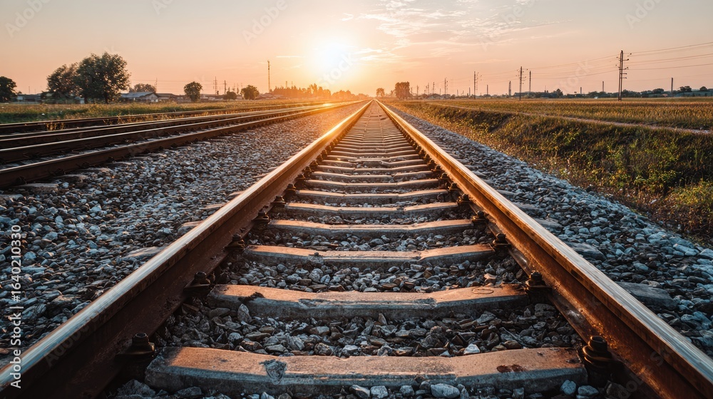 Fototapeta premium Railroad tracks stretching into a golden sunset