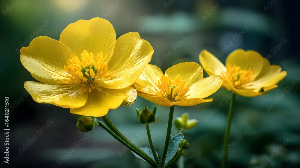 Fototapeta premium Radiant Marsh Marigolds Glow Softly in the Subtle Light of Early Springtime in the Wetlands