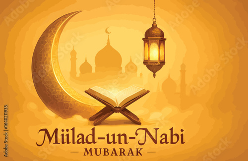 Milad-un-Nabi Mubarak – Golden Crescent Moon, Lantern, and Open Quran with Mosque Silhouette Celebrating Prophet Muhammad’s Birthday