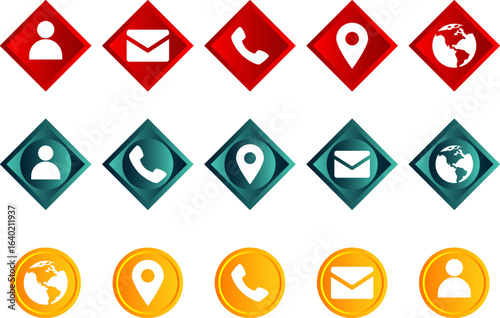 Business card and website icon set. Contact information Red icons containing name, location, phone, email and web address symbol. Transparent and PNG Style