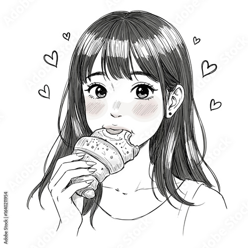 可愛い若い日本人女性がクロワッサンを食べている、白黒ベクターイラスト、スケッチ、エングレービングスタイル

