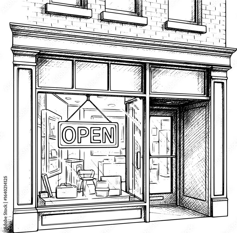 Fototapeta premium Storefront with open sign with hand-drawn style
