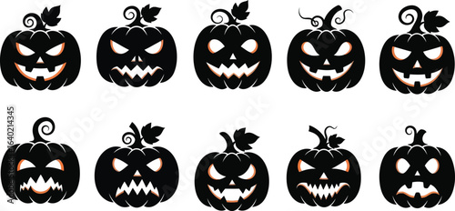 Vector art of collection of carved halloween pumpkins with scary faces isolated on white background