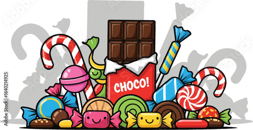 Vector art of assortment of colorful candies and chocolate bar isolated on white background