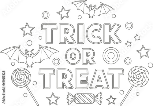 Vector art of trick or treat halloween lettering with bats and lollipops, isolated on white background