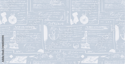 Travel themed old pattern of abstract illegible handwritten text. Vintage grunge bad calligraphy script, notes, book document. Vector illustration of monochrome unreadable handwriting cursive poetry 