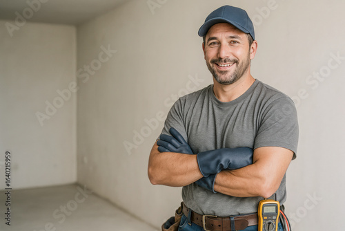 Smiling male electrician wearing a navy cap, grey t-shirt, gloves, and tool belt, standing with arms crossed in a bright unfinished room, symbolizing skilled trades, electrical work