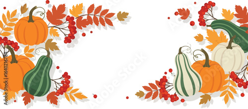 Vector art of autumn harvest border with pumpkins, gourds, and rowan berries isolated on white background