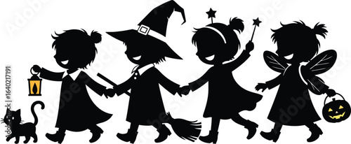 Vector art of children in halloween costumes walking together with a cat isolated on white background