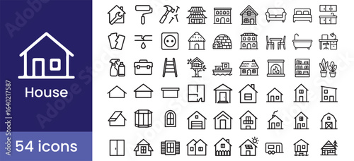 House and home icon set with real estate property and building architecture line illustrations

