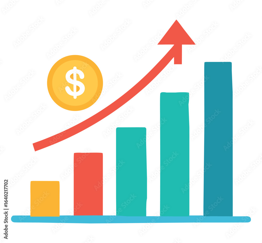 Financial Growth Illustration: A vibrant illustration depicting financial growth, symbolized by an upward-trending arrow superimposed over a series of colorful bar graphs. Financial Growth Illustration: A vibrant illustration depicting financial growth, symbolized by an upward-trending arrow superimposed over a series of colorful bar graphs.