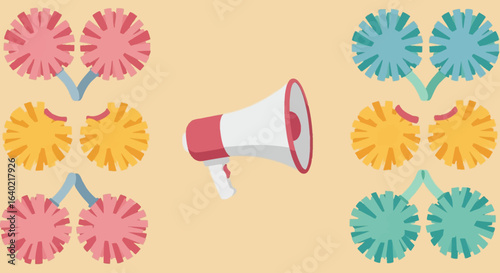 Colorful Cheerleading Vector Set Featuring Pom-Poms and Megaphone for Team Spirit
