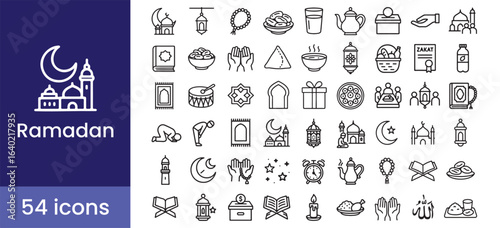 Ramadan Kareem icon set for the Islamic holiday, with Muslim prayer, mosque, Quran, and Iftar symbols.

