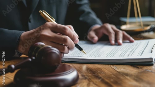 Close-up of hands signing legal documents at a wooden desk with a gavel and scales of justice. Symbolizes legal proceedings, contract review, and ensuring regulatory compliance.