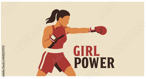 Vector Flat Solid Color Vintage Girl Power Logo Retro Women Boxing Emblem
