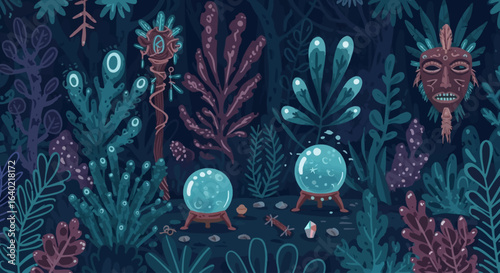 Vector Flat Solid Color Mysterious Doodles with Plants and Shamanic Objects