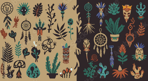 Vector Flat Solid Color Mysterious Doodles with Plants and Shamanic Objects