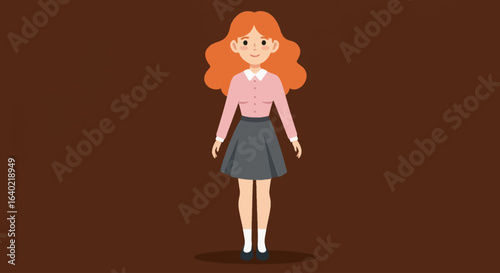 Vector Cute Funny Girl with Red Hair – Adorable Cartoon Character in Pink Blouse and Gray Skirt on Brown Background