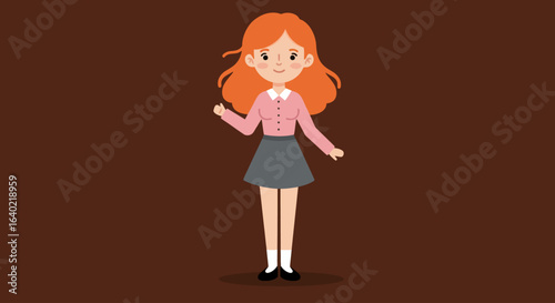 Vector Cute Funny Girl with Red Hair – Adorable Cartoon Character in Pink Blouse and Gray Skirt on Brown Background