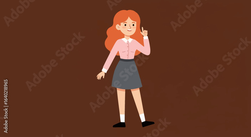 Vector Cute Funny Girl with Red Hair – Adorable Cartoon Character in Pink Blouse and Gray Skirt on Brown Background