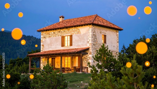 Rustic stone house at dusk