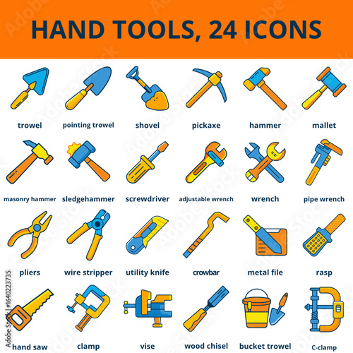 Set 24 Hand tools icons in flat style with colorful designs collection flat colored outline style (blue, yellow orange colors)  in colorful vector style  