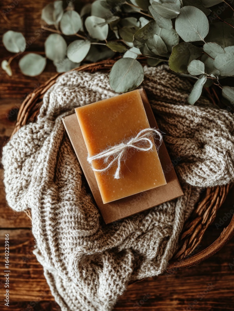 Fototapeta premium A light beige soap bar rests on a light brown card, nestled within a soft, light beige knitted blanket, alongside sprigs of eucalyptus