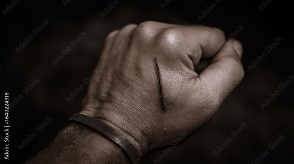 Fototapeta premium Hand with a long linear mark on the skin, symbolizing a moment of reflection