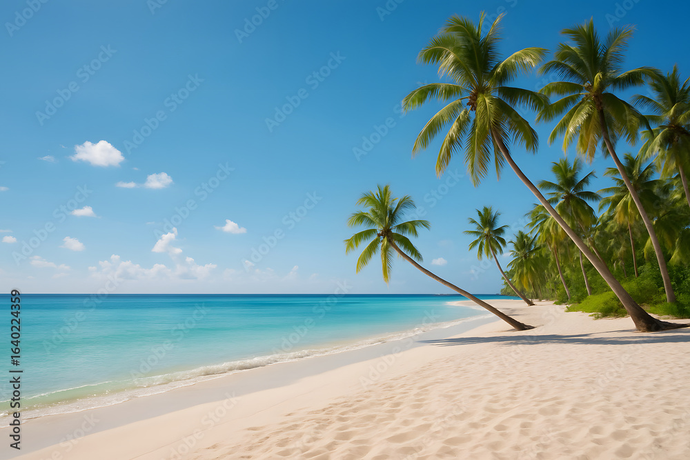 Tropical Paradise Beach with Leaning Palm Trees and Turquoise Ocean Tropical Paradise Beach with Leaning Palm Trees and Turquoise Ocean