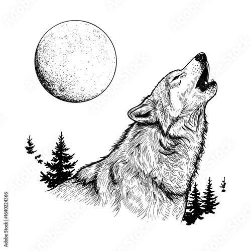  Engraving wolf howling at the moon in the forest — vintage ink sketch doodle black and white vector illustration on white background