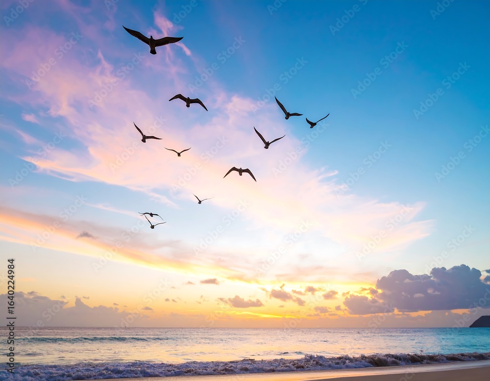 Obraz premium Birds soar over a colorful sunrise ocean