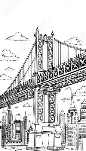 Illustration of the manhattan bridge with new york city skyline and clouds in a detailed line drawing