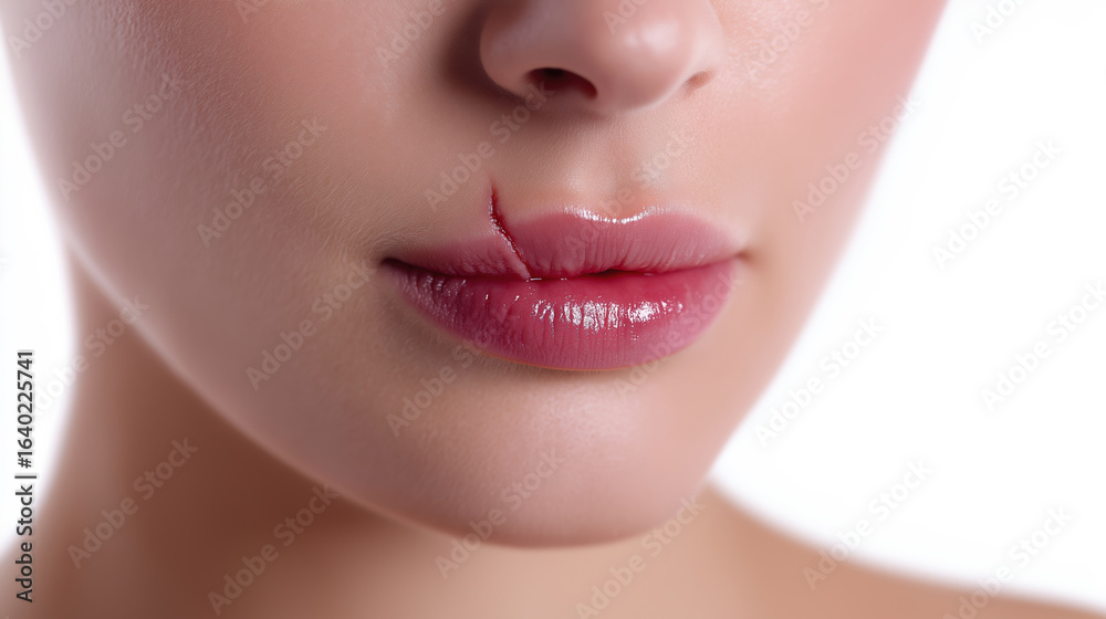 Obraz premium Close-up of a woman's lip with a noticeable scar against a plain background