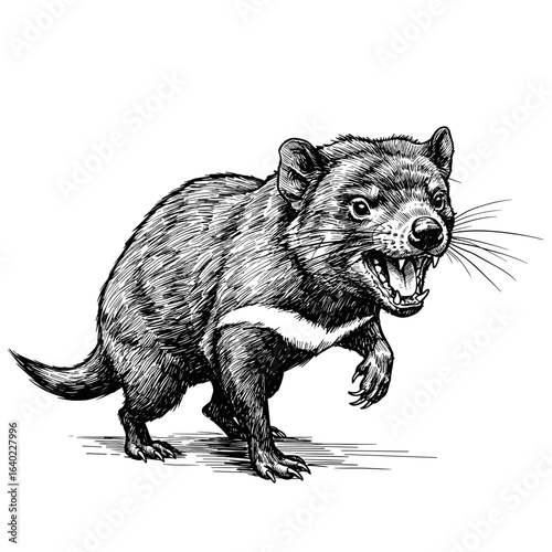 Engraving roaring Tasmanian devil — vintage ink sketch doodle black and white vector illustration on white background
