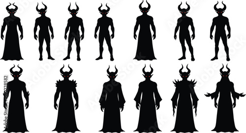 A set of 12 detailed, black silhouette devil illustrations in various standing poses with horns and glowing red eyes, perfect for Halloween, metal, and gothic designs.