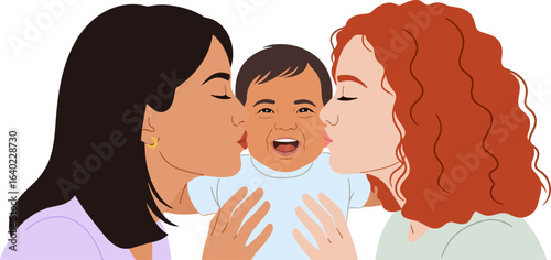 Smiling young baby with two multiethnic loving mothers kissing its cheeks