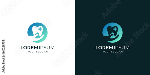 Abstract of Silhouette Hand with Dental Medical Cross Concept, Uniquee Vector of Health Care Logo Design Inspirations.