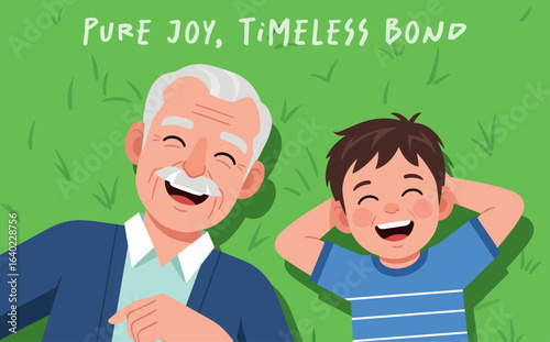 Happy grandfather and grandchild lying on a lawn. Pure Joy, Timeless Bond