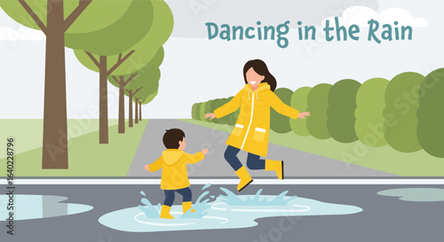 Woman and her child dancing in the rain and splashing in puddles