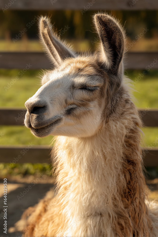 Obraz premium A llama being gently shorn for its valuable wool, a serene process on a sunny, peaceful farm afternoon.