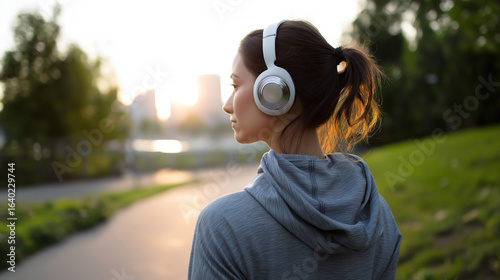 Woman listens to music with headphones while walking in a park during sunset