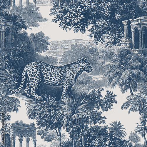 Seamless vector pattern with tropical forest and leopard and ancient ruins. Vintage engraving style illustration.