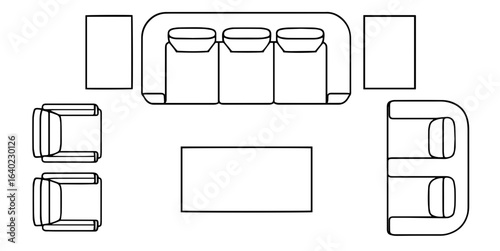Different upholstered furniture set. Outline icons. Simple plan seat collection, sofa couch, chair, armchair, for design interior and architectural project