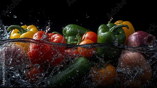 A bunch of fresh vegetables including red, green, and yellow bell peppers, cherry tomatoes, cucumber, and red onion, splashing into water with bubbles and droplets