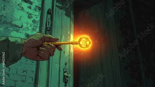 A hand holding a glowing key in front of a dark, old wooden door.