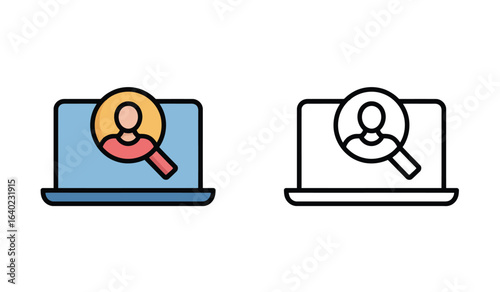Icon Illustration of Searching People with Laptop, Recruitment and Candidate Selection Concept