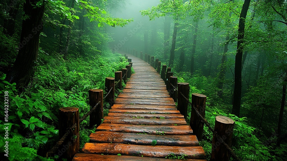 Obraz premium Wooden path through a lush green forest with dense foliage and misty air.