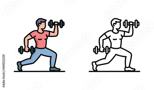 Illustration of a Man Doing Lunges While Lifting Dumbbells with Color and Black and White Versions